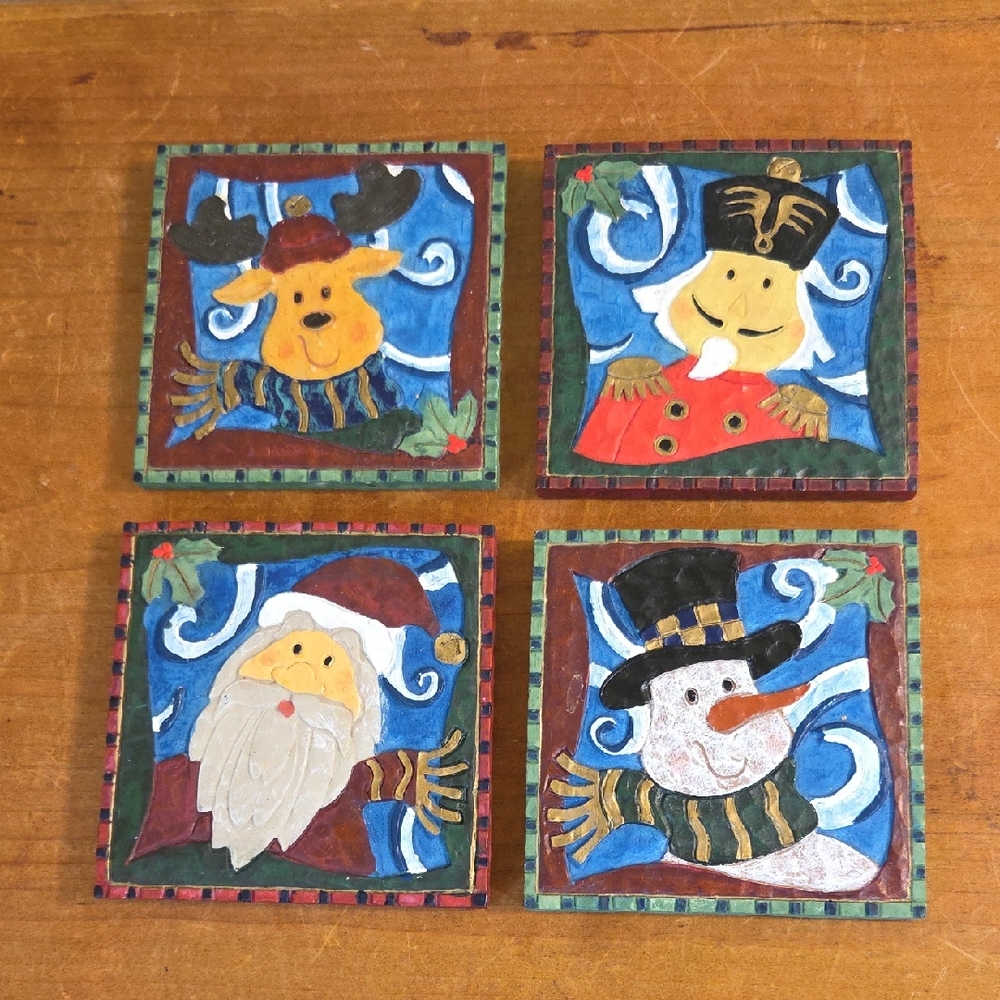 Handmade Holiday Coaster Set with Santa, Snowman, Reindeer, and Nutcracker